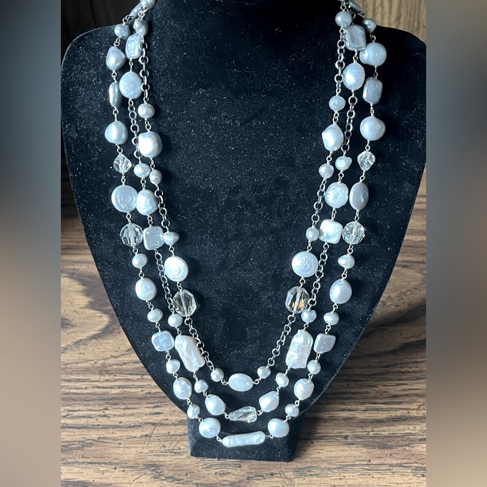 Elegant Gray/Silver Tone Beaded 3 Strand Necklace